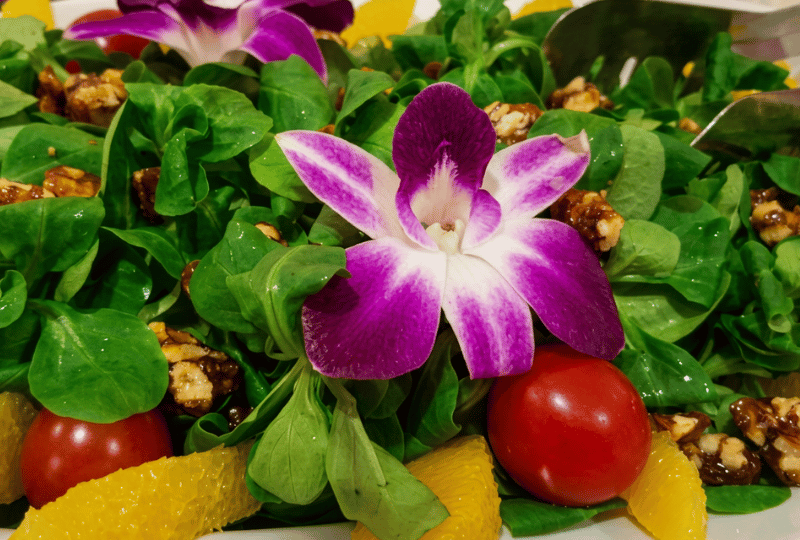 Vorspeise Feldsalat mit Blüten | Barth Catering Uelzen Frischer Feldsalat mit knackigen Walnüssen und dekorativen essbaren Blumen, angerichtet von Alexander O. Barth für ein exklusives Catering.