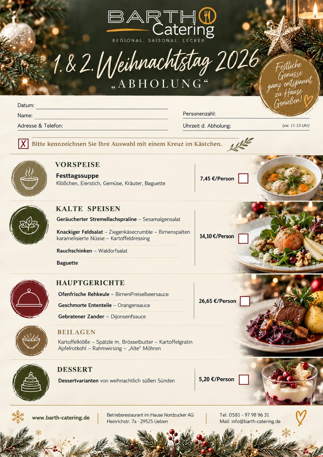 Weihnachtsessen zum Abholen 2026 von Barth Catering in Uelzen: Festtagssuppe, kalte Speisen, Rehkeule, Ente, Zander und Dessert
